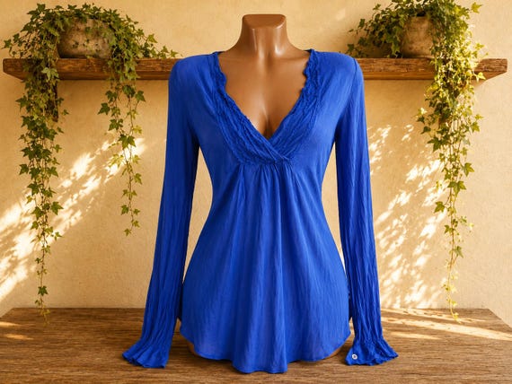 90s Women's Vintage Silk Blouse Cobalt Blue V-Neck Ruffle Trim Long Sleeve. Sizes M.