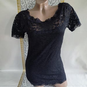 90s Vintage Women&#39;s Black Lace Top Short Sleeve. Size S.