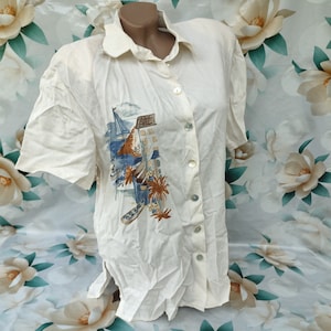90s Vintage Linen Womens White Formal Nautical Print Blouse Short Sleeve. Size XL-2XL.