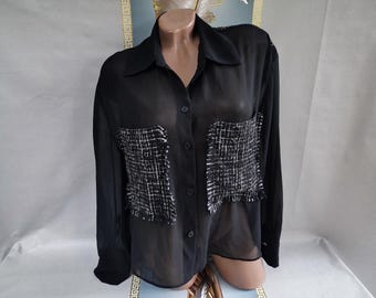 90s Women's Black Translucent Blouse with Patches, Long Sleeve. Sizes XL-2XL.