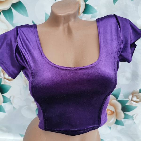 90s Vintage Womens Purple Velour Crop Top Short Sleeve. Size XXS-XS.
