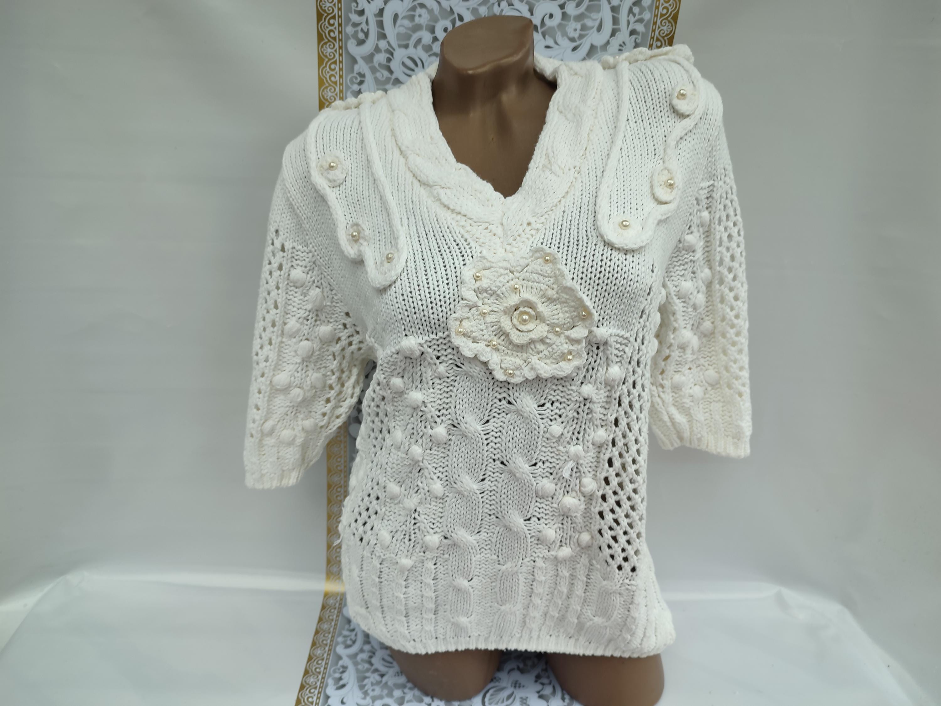 90s Vintage Baumwoll Strick Pullover: Italien Weiß V-Neck, Gr.L