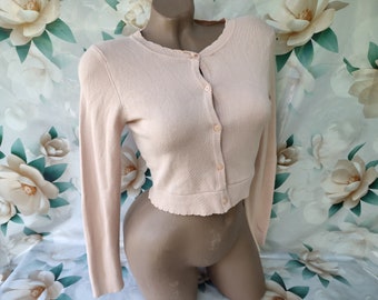 90s Vintage Women&#39;s Cream Buttoned Cropped Cardigan Long Sleeve. Size XS-S.