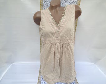 90s Vintage Cotton Women's Beige Lace Boho Sleeveless Top. Size L.