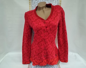 90s Vintage Wool Cotton Women's Red Floral Dressy Button Down Cardigan. Size XS-S.