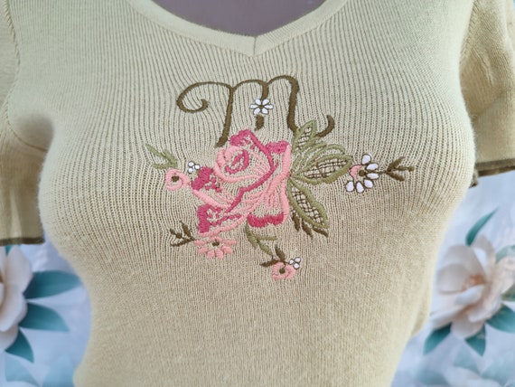 90s Vintage Womens Olive Knitted Top/Tee Floral E… - image 3