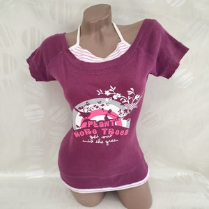 90s Vintage Cotton Womens Fuchsia Tie Top/Tee Short Sleeve Ruffle. Size XS-S
