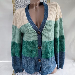 90s Vintage Cotton Women&#39;s Multicolor Striped V-Neck Buttoned Long Sleeve Cardigan. Size L-XL.