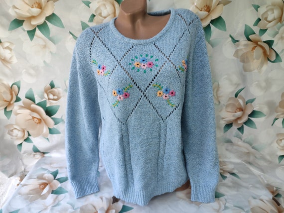 90s Vintage Women Blue Sweater/pullover Floral Embroidery Long  