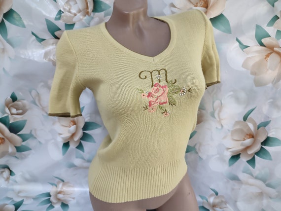 90s Vintage Womens Olive Knitted Top/Tee Floral E… - image 5