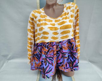 90s Cotton Women's Abstract Baby Doll Top, 3/4 Sleeve. Sizes L-XL.