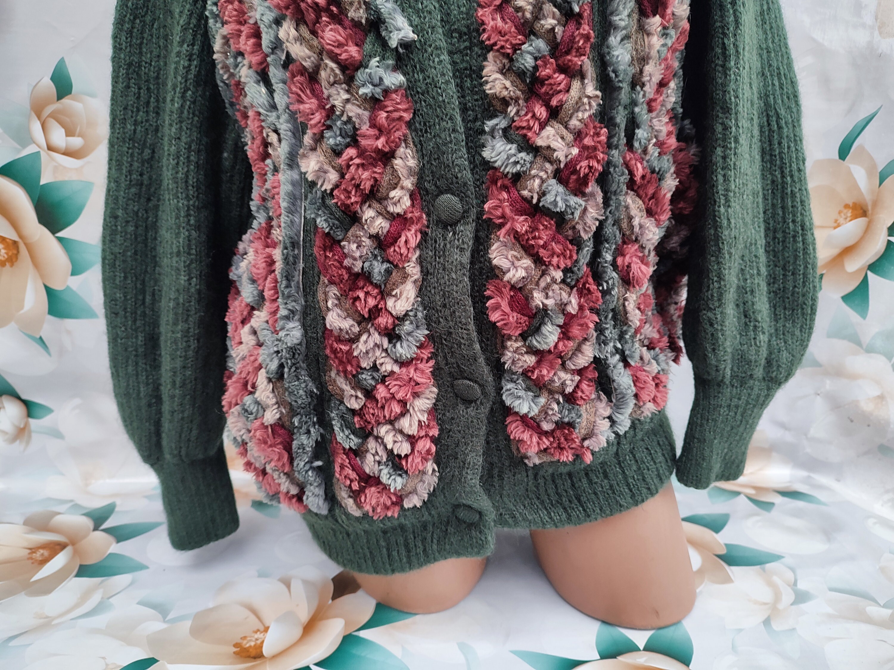 90s Vintage Mohair Boucle Women's Dark Green Short Cardigan