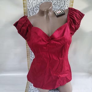 90s Vintage Cotton Women&#39;s Burgundy Open Neck Short Sleeve Top. Size M.