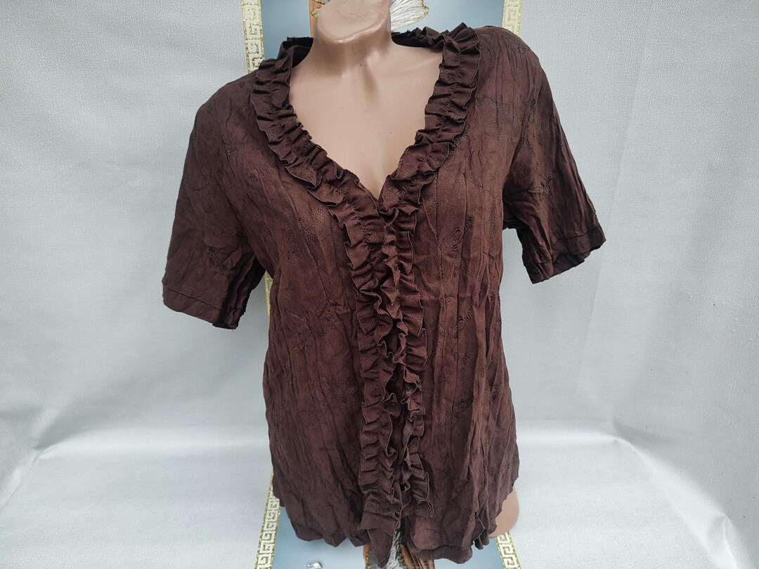 90s Vintage Women's Brown V-neck Ruffle Short Sleeve Blouse. Size L. - Etsy