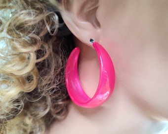 90s Bright Pink Hoop Earrings Retro.