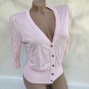 90s Vintage Silk Women Pink V-Neck Top/Tee Button Short Sleeve. Size M-L.
