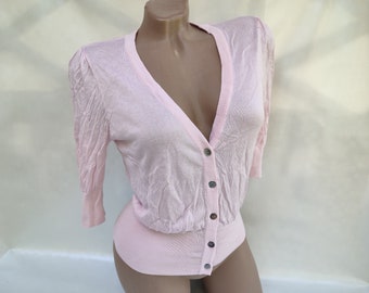 90s Vintage Silk Women Pink V-Neck Top/Tee Button Short Sleeve. Size M-L.