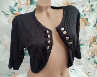 90s Vintage viscose women's black cropped double-breasted bolero short sleeve. Size M-L.