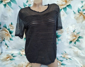 90s Vintage women's black transparent blouse/top short sleeve. Size S-M.