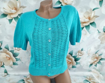 90s Vintage women's turquoise knitted cardigan with buttons, short sleeve. Size M-L.