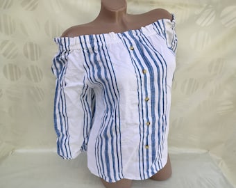 90s Vintage Cotton Womens White Blue Striped Top/Blouse Off Shoulder Half Sleeve. Size S-M.