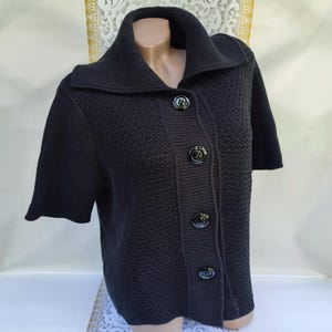 90s Vintage Cotton Women&#39;s Black Button Down Collar Short Sleeve Cardigan. Size L-XL.