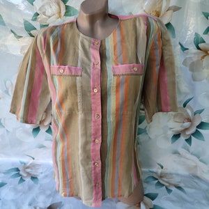 90s Vintage Womens Colorful Striped Blouse/Shirt Short Sleeve. Size XL.
