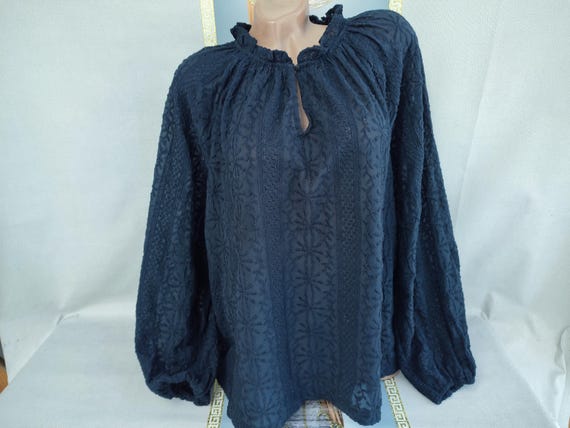 90年代風レディース ブラック刺繍入り ボヘミアン ブラウス 長袖 