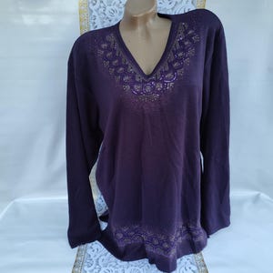 90s Vintage Wool Women's Purple V Neck Sequin Sweater Long Sleeve. Size XL-2XL.