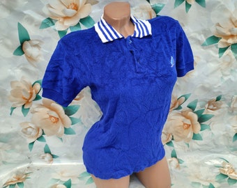 Top/t-shirt blu da donna vintage anni '90 con colletto a righe. Taglie dalla S alla M.