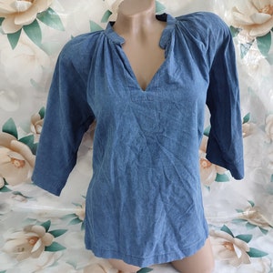 90s Vintage Cotton Women&#39;s Blue Shirt/Top Oversized With Puffs Half Sleeve. Size XL-2XL.