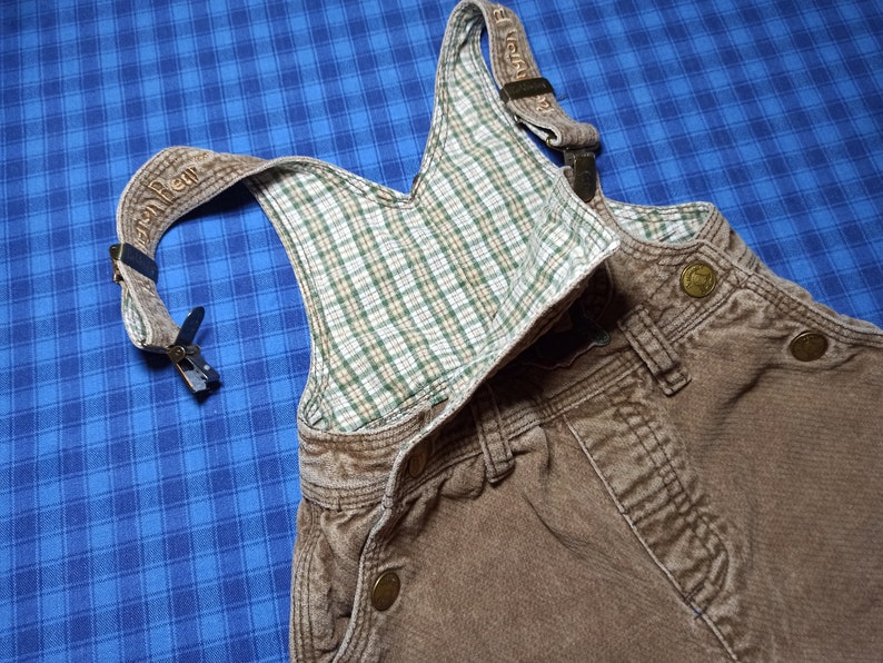 90s Vintage beige corduroy baby romper for 6-9 month boy Velvet kids jumpsuit with straps.