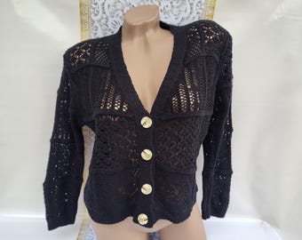 90s Vintage Women's Black V-neck Cardigan Buttoned Long Sleeve