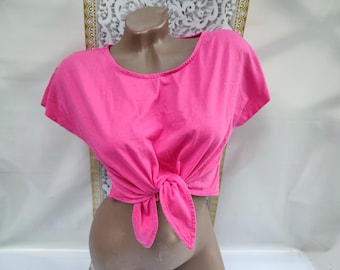 90er Jahre Vintage Baumwolle Damen Helle Himbeere Katze Crop Top Kurzarm. Größe XS-S.