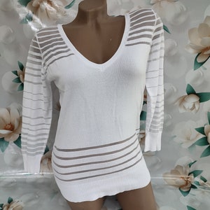 90s Vintage women&#39;s white boho mesh top with cropped sleeves. Size S-M.