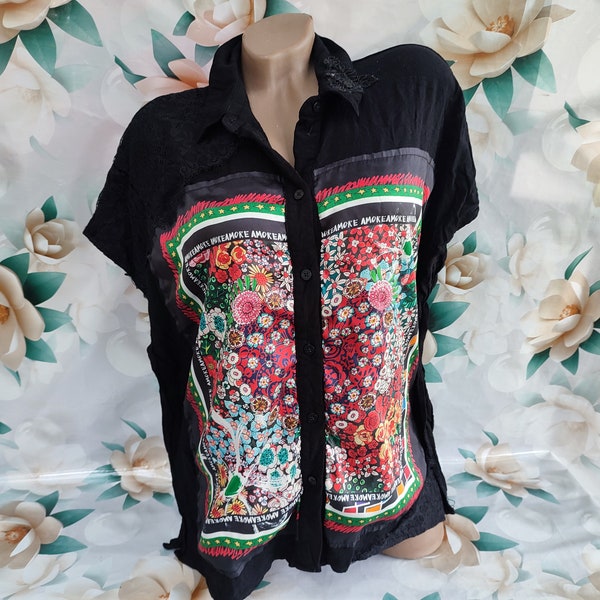 90s Vintage women's black boho blouse/shirt bright floral print. Hippie blouse/shirt collar sleeveless. Size XL-2XL.