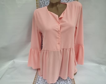 90s Vintage Pink Blouse: Ruffle Flare Sleeve, Size M
