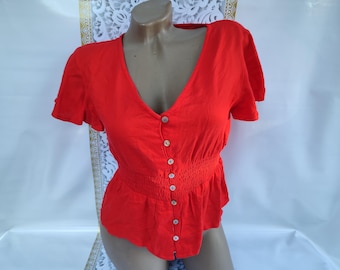 90s Vintage India Viscose Red V-Neck Top Short Ruffle Sleeve. Size S.