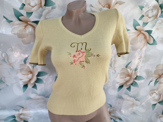 90s Vintage Womens Olive Knitted Top/Tee Floral E… - image 1