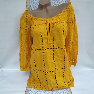 90s Vintage Cotton Women&#39;s Yellow Eyelet Blouse Off Shoulder Long Sleeve. Size M-L.