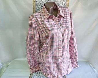 90s Vintage Women's Pink Check Blouse/Shirt Long Sleeve. Size M-L.