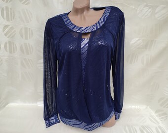 Jaren 90 vintage dames blauwe chic blouse pailletten abstracte print lange mouw. Maat M-L.