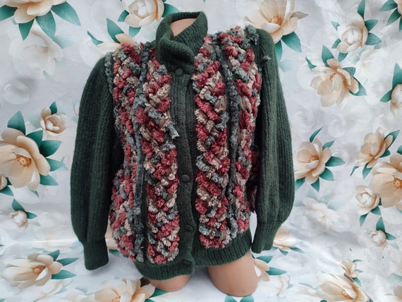 90s Vintage Mohair Boucle Cardigan: Dark Green Button-down 90s Vintage Mohair Boucle Cardigan: Dark Green Button-down