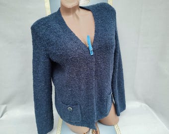 Cárdigan corto azul de lana bouclé para mujer, estilo años 90, con frente abierto. Tallas S-M.