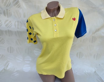 90s Vintage Womens Yellow Blue Color Block Polo T-Shirt. Size S-M.