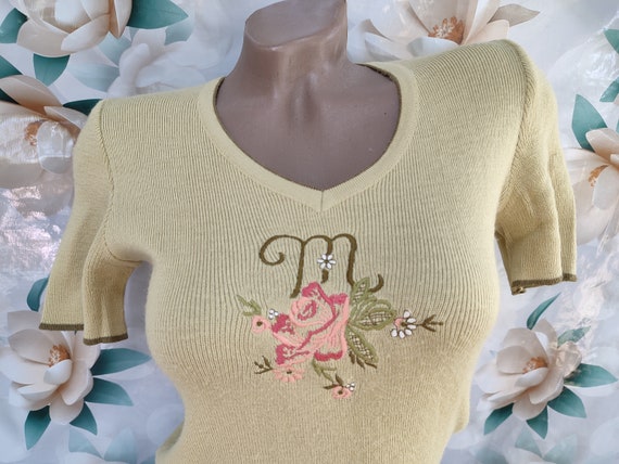 90s Vintage Womens Olive Knitted Top/Tee Floral E… - image 2