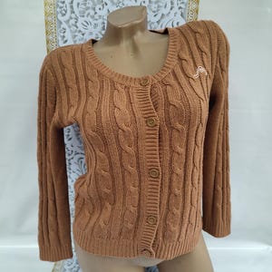 90s Vintage Women&#39;s Short Brown Cardigan Cable Button Down Long Sleeve. Size S-M.