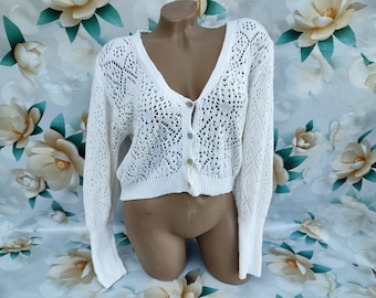 90s Vintage Cropped Cardigan: White Eyelet Knit, Oversized (M-L)