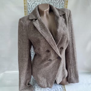 90s Vintage Wool Women&#39;s Brown Double Breasted Herringbone Print Blazer Long Sleeve. Size XS-S.