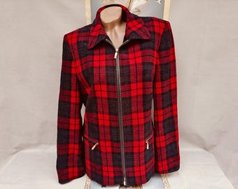 90s Wool Women's Red Plaid Zipper Blazer Long Sleeve. Sizes S-M.